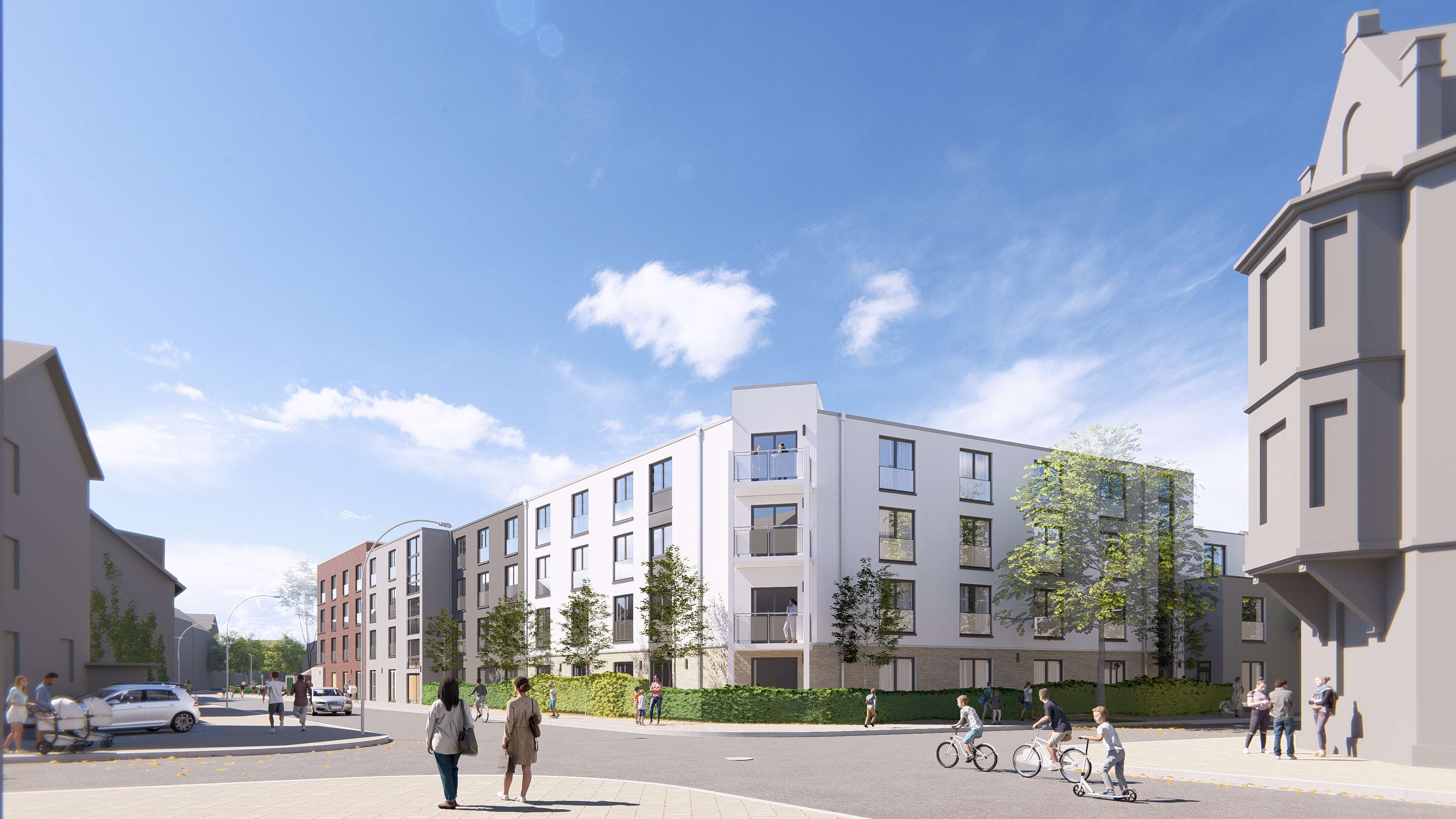 Visualisierung einer Amando Seniorenresidenz – helles modernes Gebäude mit begrüntem Vorplatz