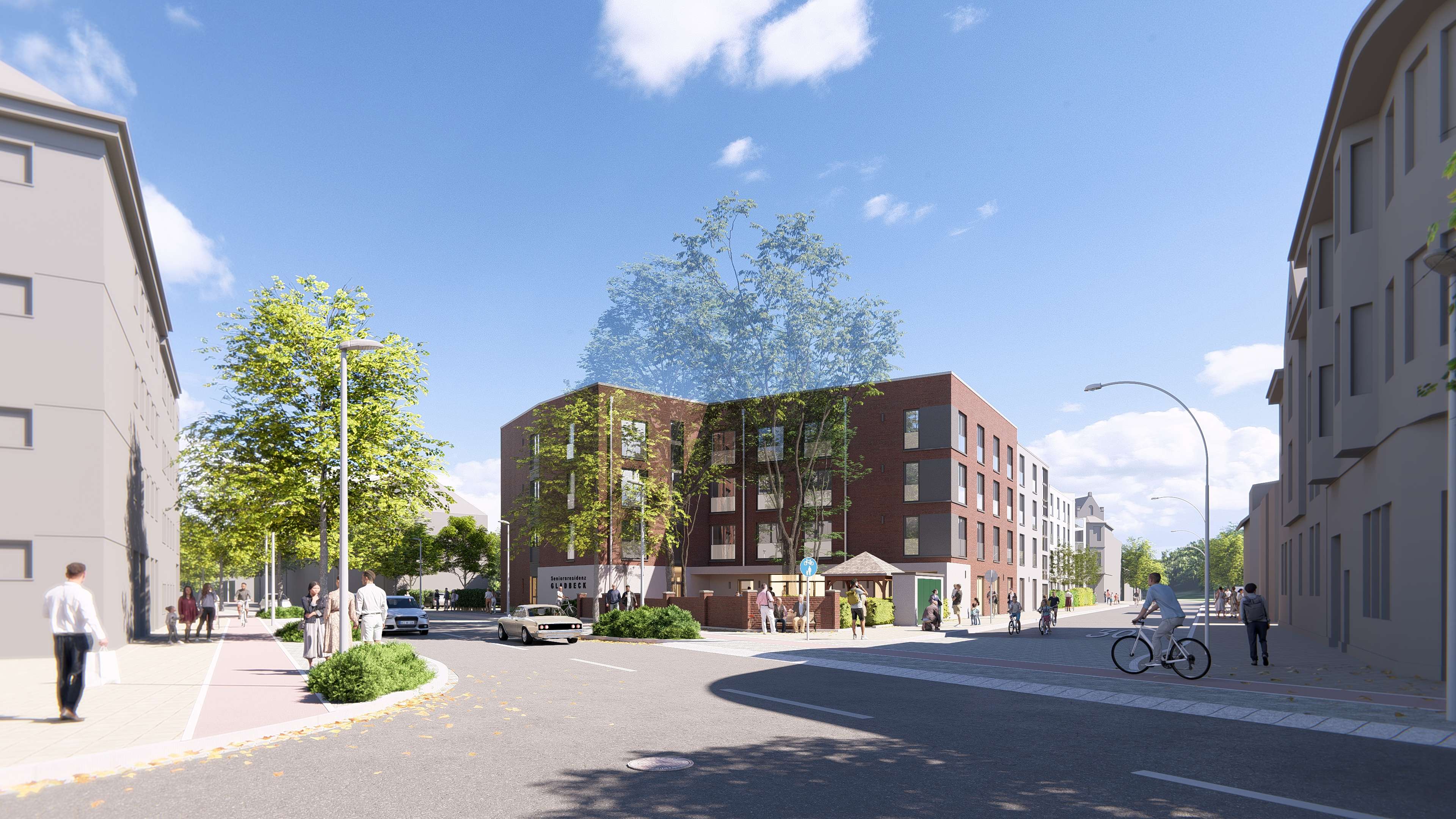 Visualisierung einer Amando Seniorenresidenz – urbanes Umfeld mit Grünanlagen